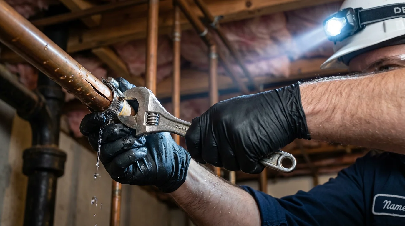 Emergency pipe clamp repair being performed by a Johns Plumbing LLC plumber in Palmer