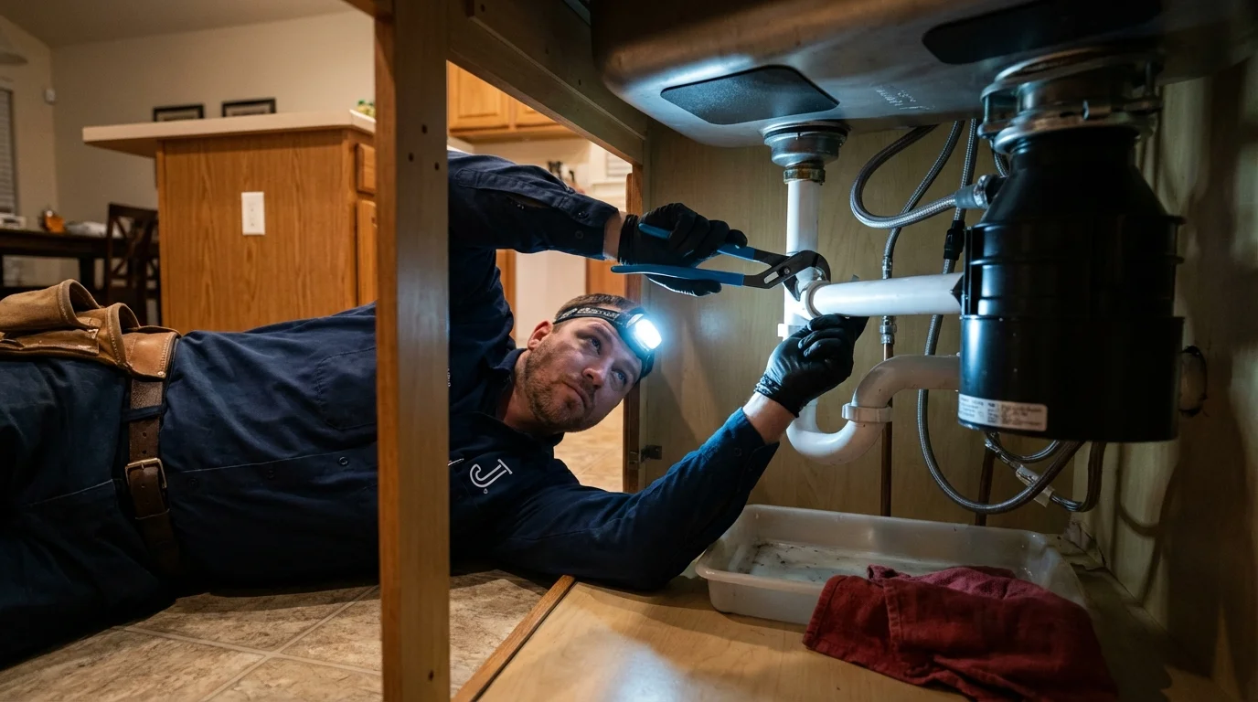 P-trap and supply line connections under a kitchen sink showing a common leak point in Palmer, AK